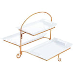 Bone China Shallow 14"/12" 2-Tier Rectangular Plate with Gold Stand – Elegant Serving Platter for Desserts, Appetizers, and Snacks