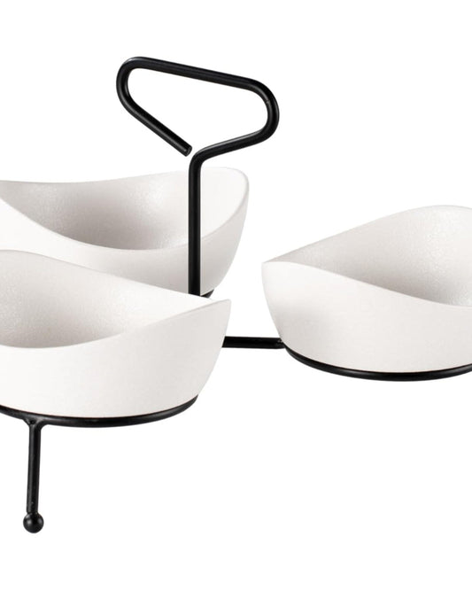 Shallow Porcelain 3 x 13cm Bowls Serving Set with Black Stand Rack