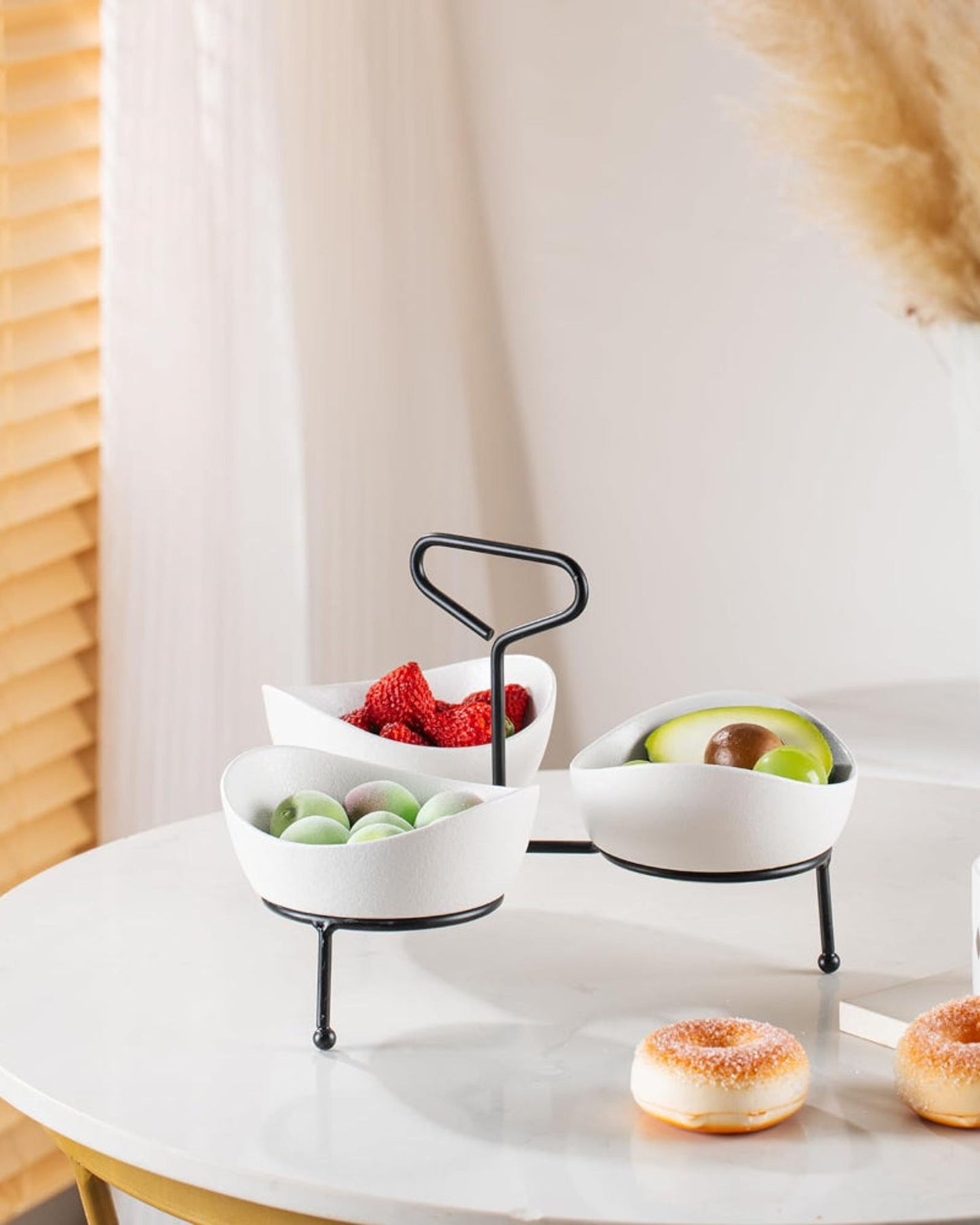 Shallow Porcelain 3 x 13cm Bowls Serving Set with Black Stand Rack