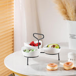 Shallow Porcelain 3 x 13cm Bowls Serving Set with Black Stand Rack