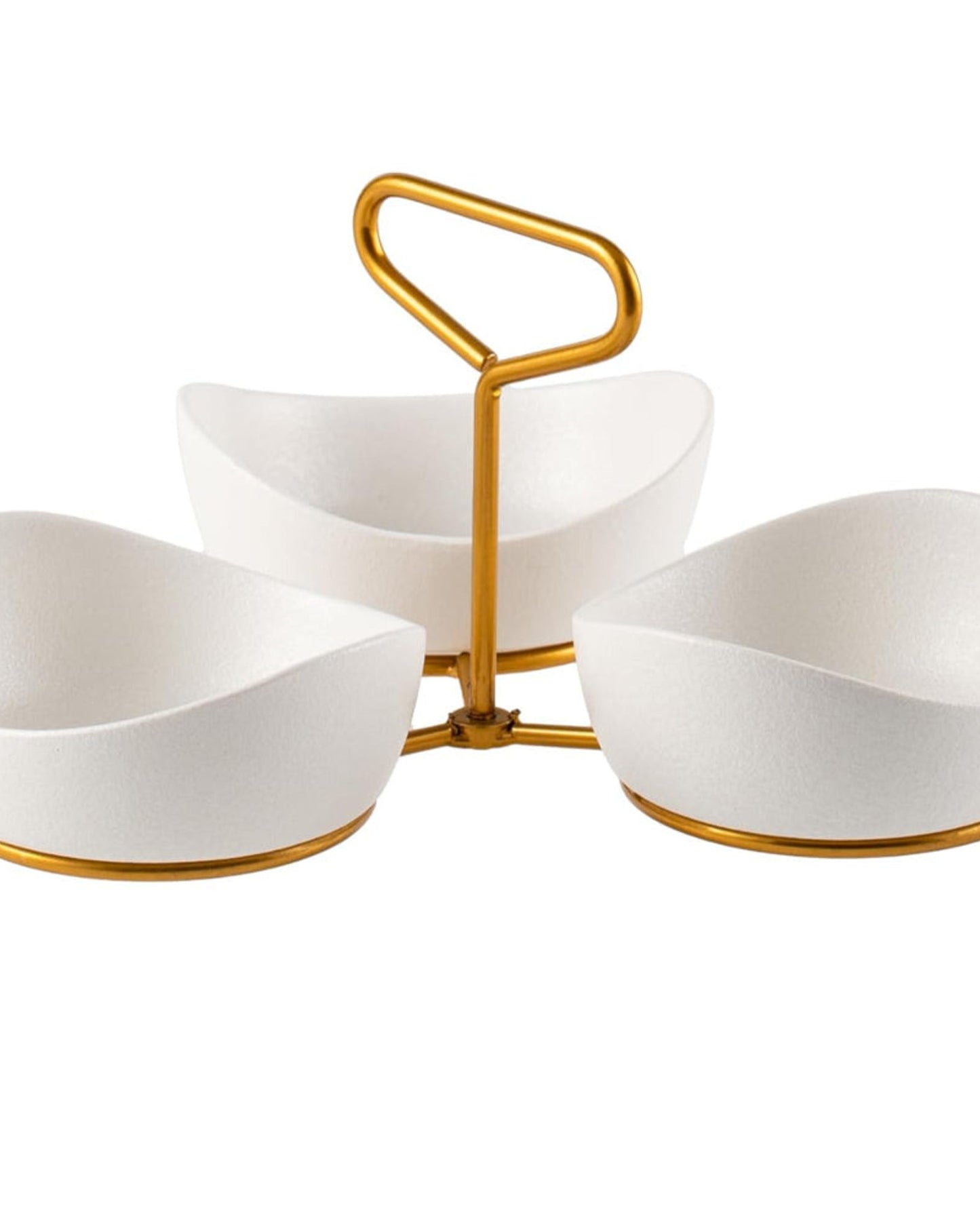 Bone China Shallow Porcelain 3 x 13cm Bowls Serving Set with Gold Stand Rack
