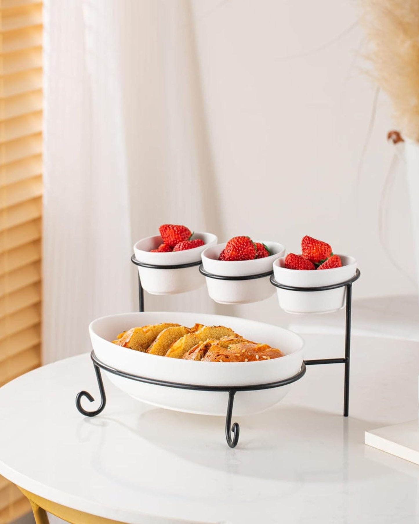 Bone China Shallow Porcelain 2-Tier Oval Serving Set with Black Stand Rack - 3x 10cm and 1x 24cm
