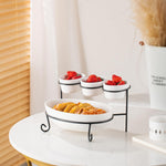 Bone China Shallow Porcelain 2-Tier Oval Serving Set with Black Stand Rack - 3x 10cm and 1x 24cm