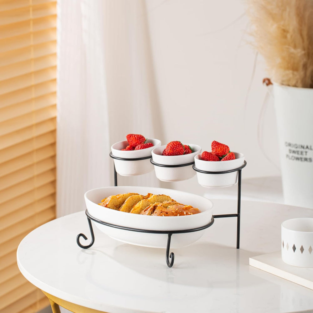 Bone China Shallow Porcelain 2-Tier Oval Serving Set with Black Stand Rack - 3x 10cm and 1x 24cm