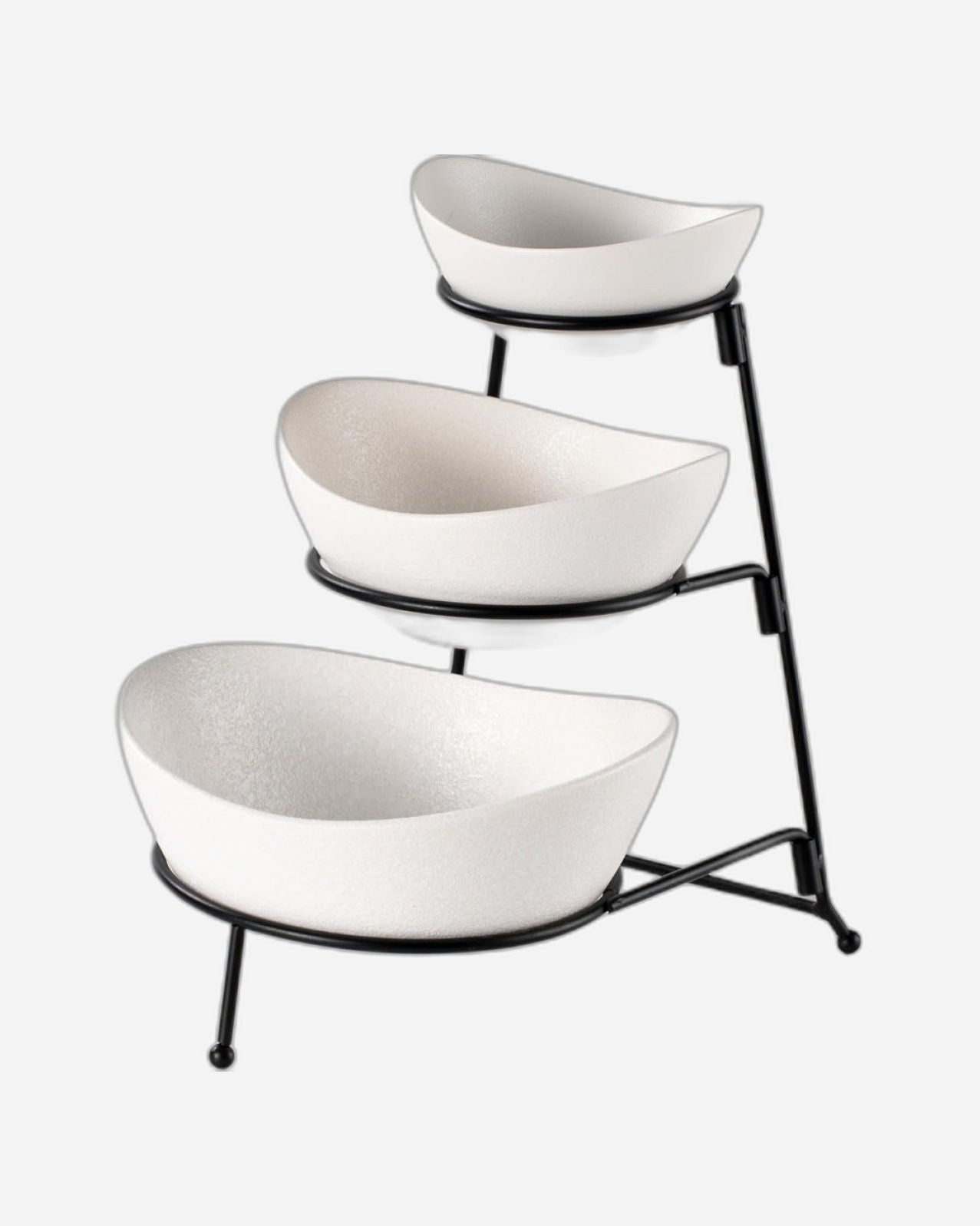 Bone China Shallow Porcelain 3-Tier Serving Bowl Set with Black Stand Rack - 13cm, 15cm, 19cm