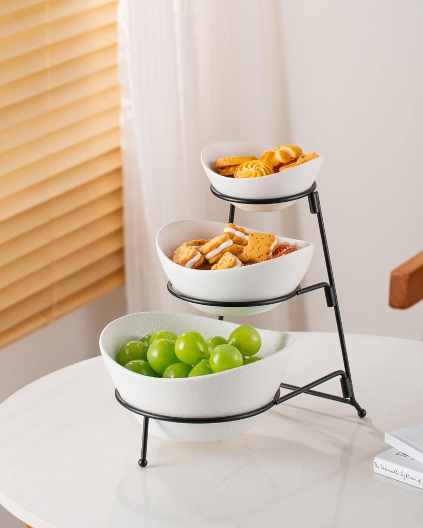 Bone China Shallow Porcelain 3-Tier Serving Bowl Set with Black Stand Rack - 13cm, 15cm, 19cm