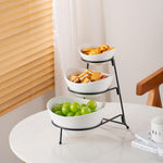 Bone China Shallow Porcelain 3-Tier Serving Bowl Set with Black Stand Rack - 13cm, 15cm, 19cm