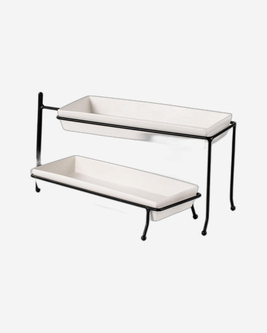 Shallow Porcelain Ceramic 2-Tier Rectangular Plate with Black Stand - Elegant 29cm Serving Display