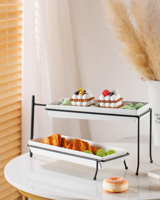 Shallow Porcelain Ceramic 2-Tier Rectangular Plate with Black Stand - Elegant 29cm Serving Display
