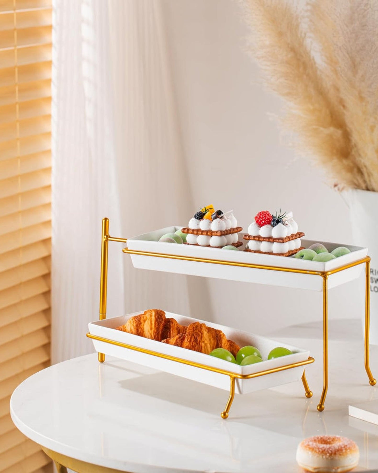Shallow Porcelain 2-Tier Rectangular Plate with Gold Stand - Elegant 29cm Serving Display