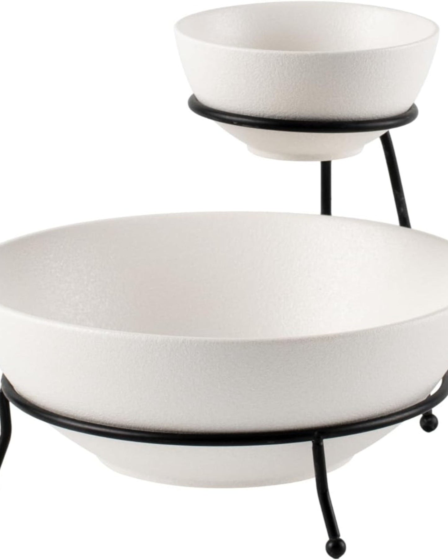 Bone China Shallow Porcelain Chip & Dip Bowl Set with Black Stand Rack - 12cm and 24cm