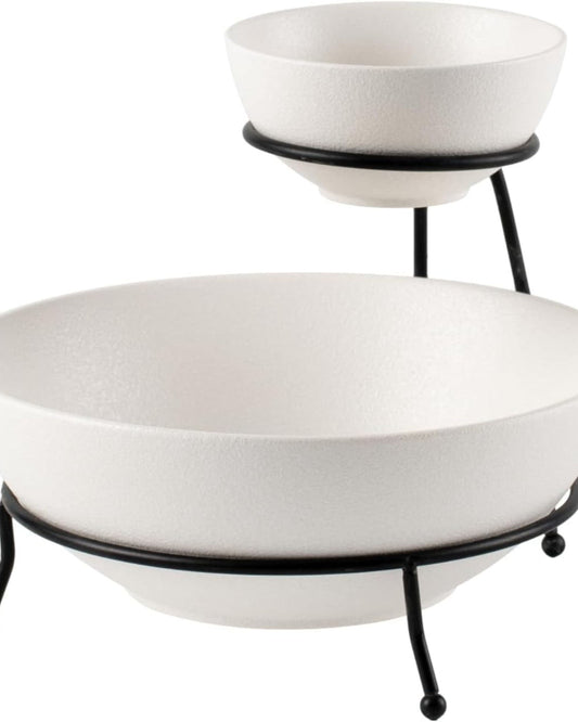 Bone China Shallow Porcelain Chip & Dip Bowl Set with Black Stand Rack - 12cm and 24cm