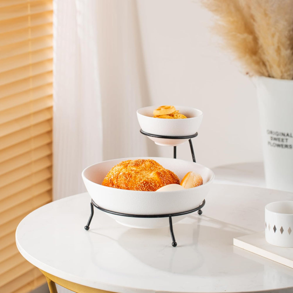 Bone China Shallow Porcelain Chip & Dip Bowl Set with Black Stand Rack - 12cm and 24cm