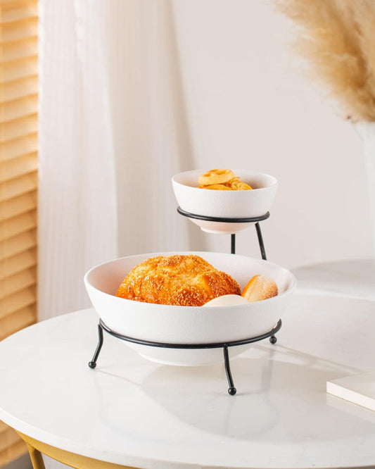 Bone China Shallow Porcelain Chip & Dip Bowl Set with Black Stand Rack - 12cm and 24cm