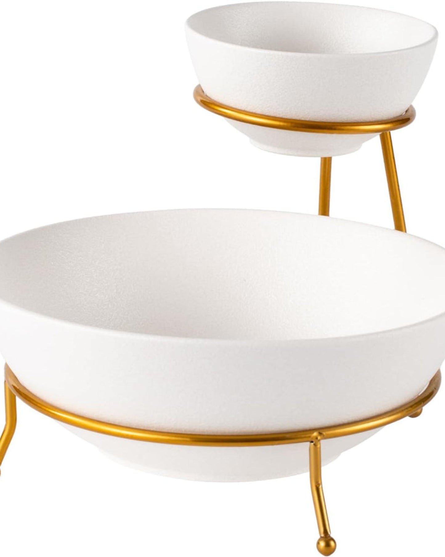 Bone China Shallow Porcelain Chip & Dip Bowl Set with Gold Stand Rack - 12cm and 24cm