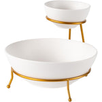 Bone China Shallow Porcelain Chip & Dip Bowl Set with Gold Stand Rack - 12cm and 24cm