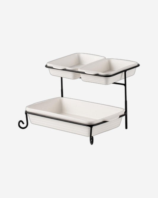 Bone China Shallow Porcelain 2-Tier Rectangular Serving Set with Black Stand Rack - 2x 20cm and 30cm