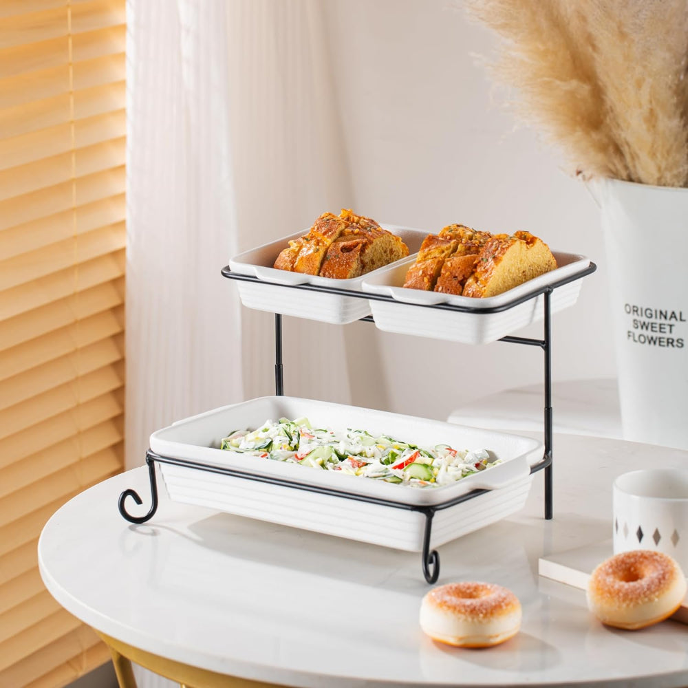 Bone China Shallow Porcelain 2-Tier Rectangular Serving Set with Black Stand Rack - 2x 20cm and 30cm