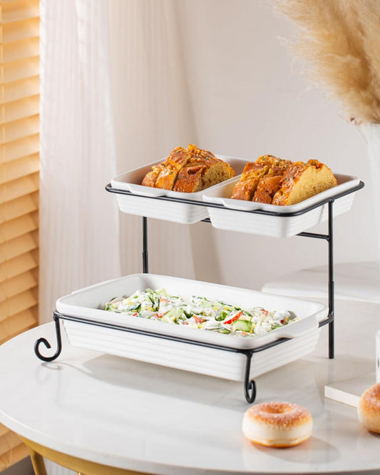 Bone China Shallow Porcelain 2-Tier Rectangular Serving Set with Black Stand Rack - 2x 20cm and 30cm
