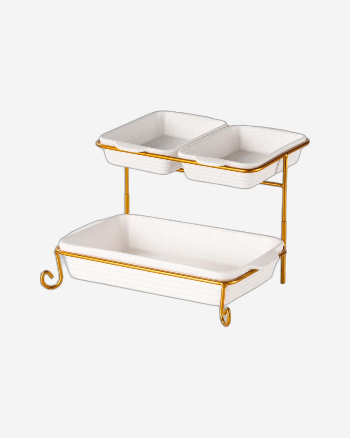 Shallow Porcelain 2-Tier Rectangular Serving Set with Gold Stand Rack - 2x 20cm and 30cm