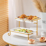 Shallow Porcelain 2-Tier Rectangular Serving Set with Gold Stand Rack - 2x 20cm and 30cm