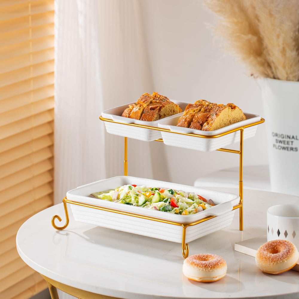 Shallow Porcelain 2-Tier Rectangular Serving Set with Gold Stand Rack - 2x 20cm and 30cm