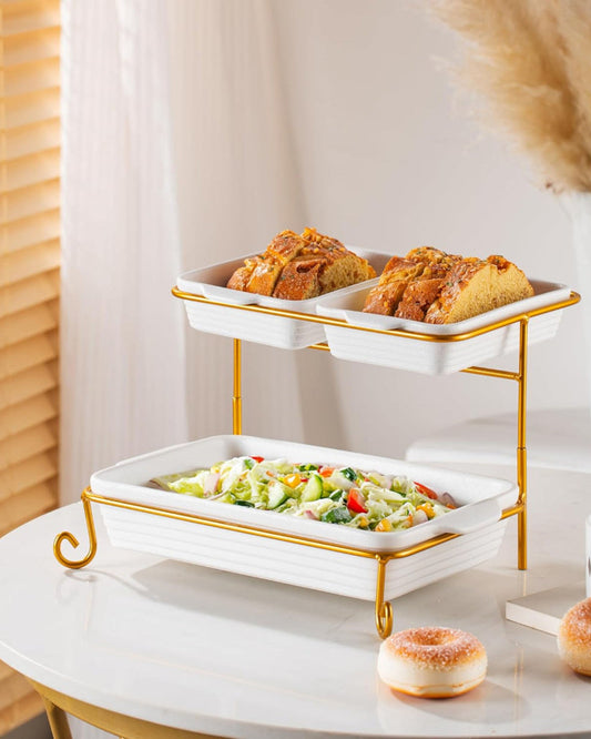 Shallow Porcelain 2-Tier Rectangular Serving Set with Gold Stand Rack - 2x 20cm and 30cm