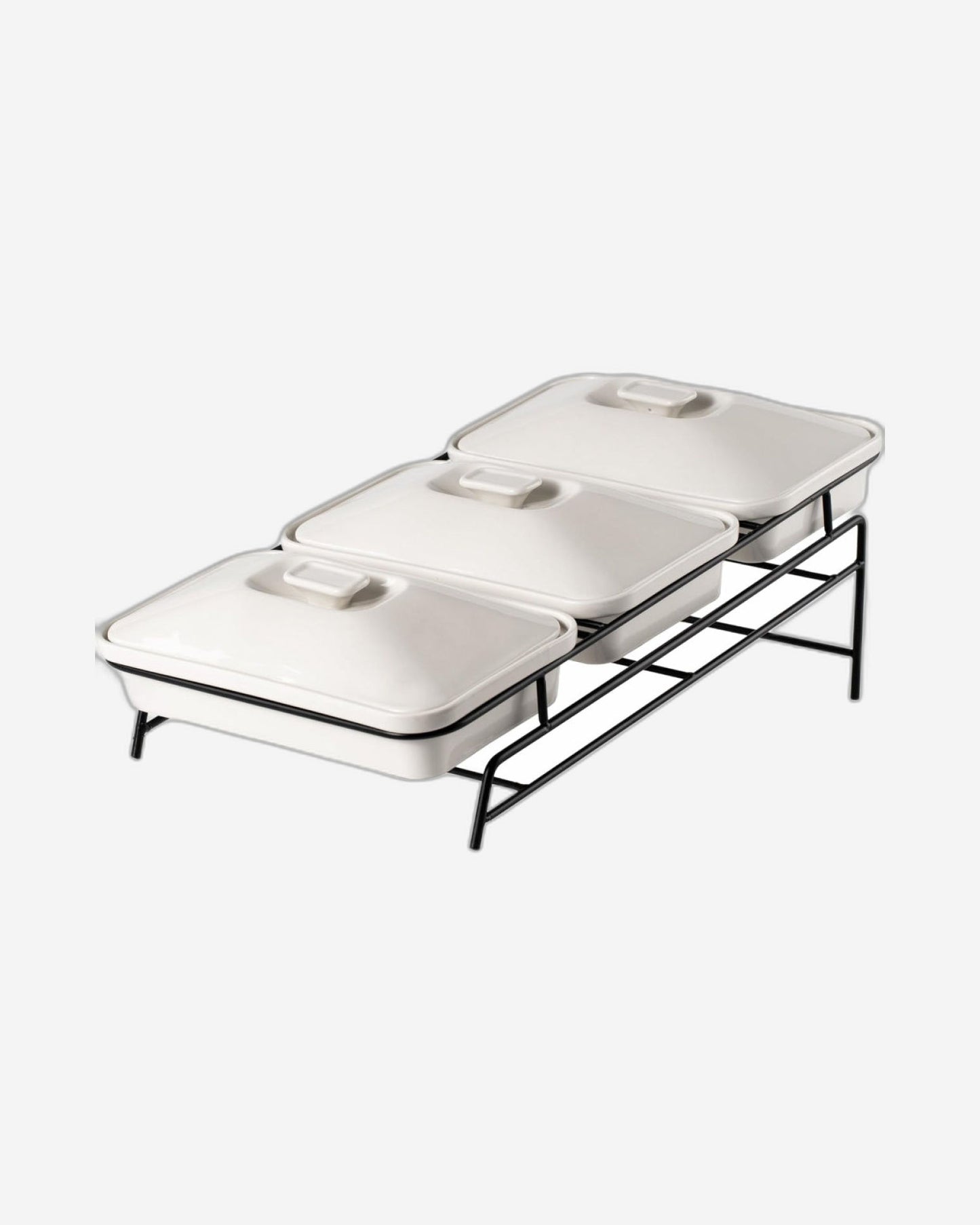 Shallow Porcelain 3-Tier Casserole Set with Black Stand Rack - 30cm x 3
