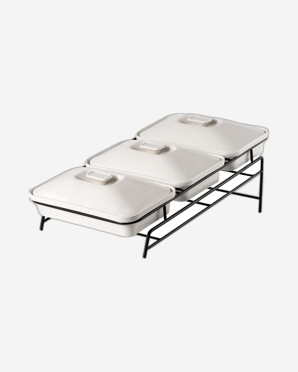 Shallow Porcelain 3-Tier Casserole Set with Black Stand Rack - 30cm x
