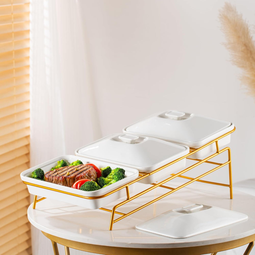 Shallow Porcelain 3-Tier Casserole Set with Gold Stand Rack - 30cm x 3