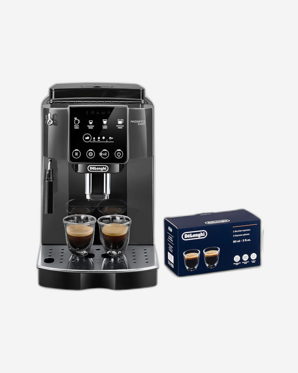  DELONGHI MAGNIFICA START COFFEE MACHINE BLACK ECAM220.22.GB +DELONGHI 2 PIECE ESPRESSO GLASSES CLEAR DLSC310