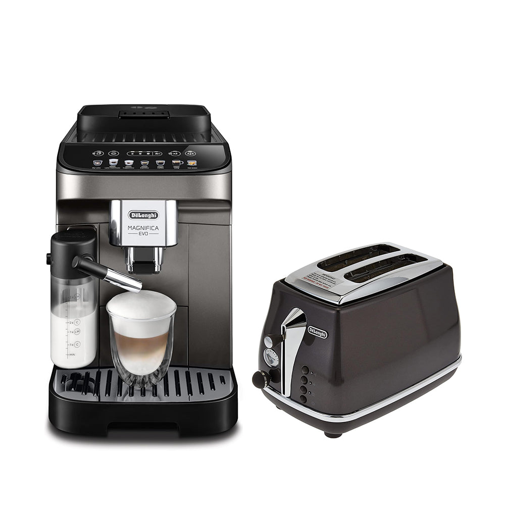  DELONGHI MAGNIFICA EVO AUTOMATIC COFFEE MACHINE ECAM290.81.TB+DELONGHI ICONA METALLICS 2-SLICE TOASTER CTOT2003.GY 