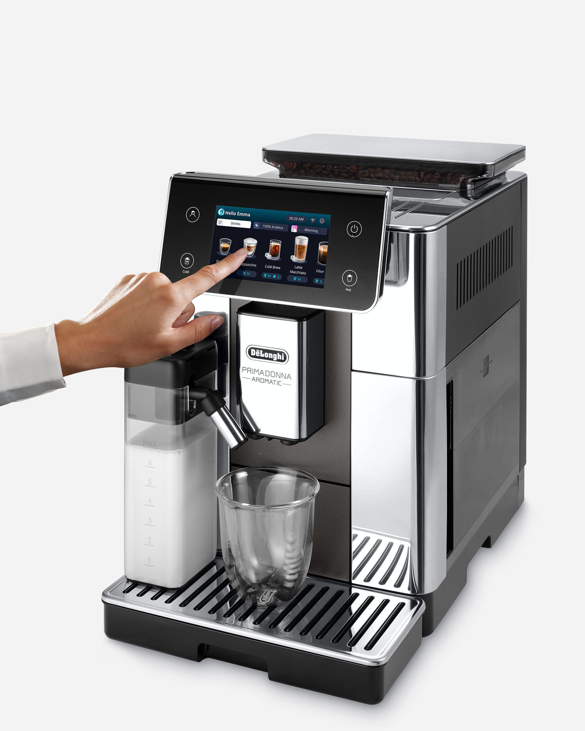 De'Longhi PrimaDonna Aromatic Fully Automatic Bean-to-Cup Coffee Machine with 38 Hot & Cold Drinks, Cold Brew Technology & 5-Inch Touchscreen – Titanium – ECAM630.75.TSM