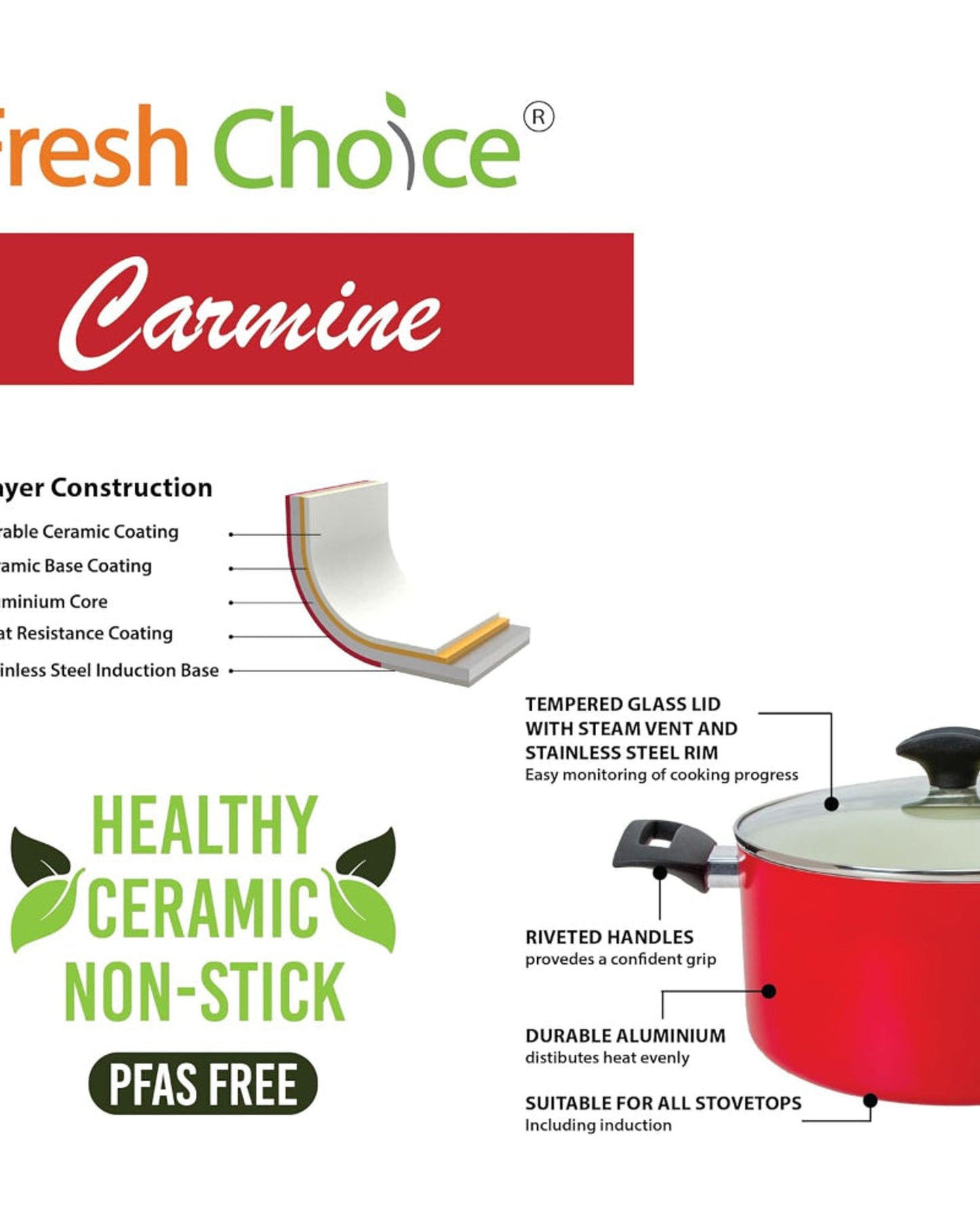 Fresh Choice - CARMINE 9pc PFAS FREE Pressed Aluminum Cookware Set