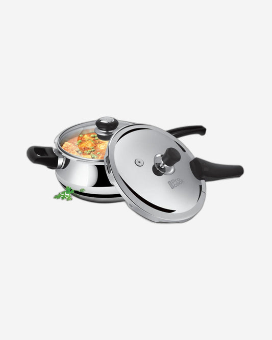 Milton Pro Cook Triply Stainless Steel Induction Curve Pressure Cooker with Outer & Glass Lid, 5.5 Litres, Silver | Gasket Release System Food Safe | Induction | Hot Plate | Flame Safe