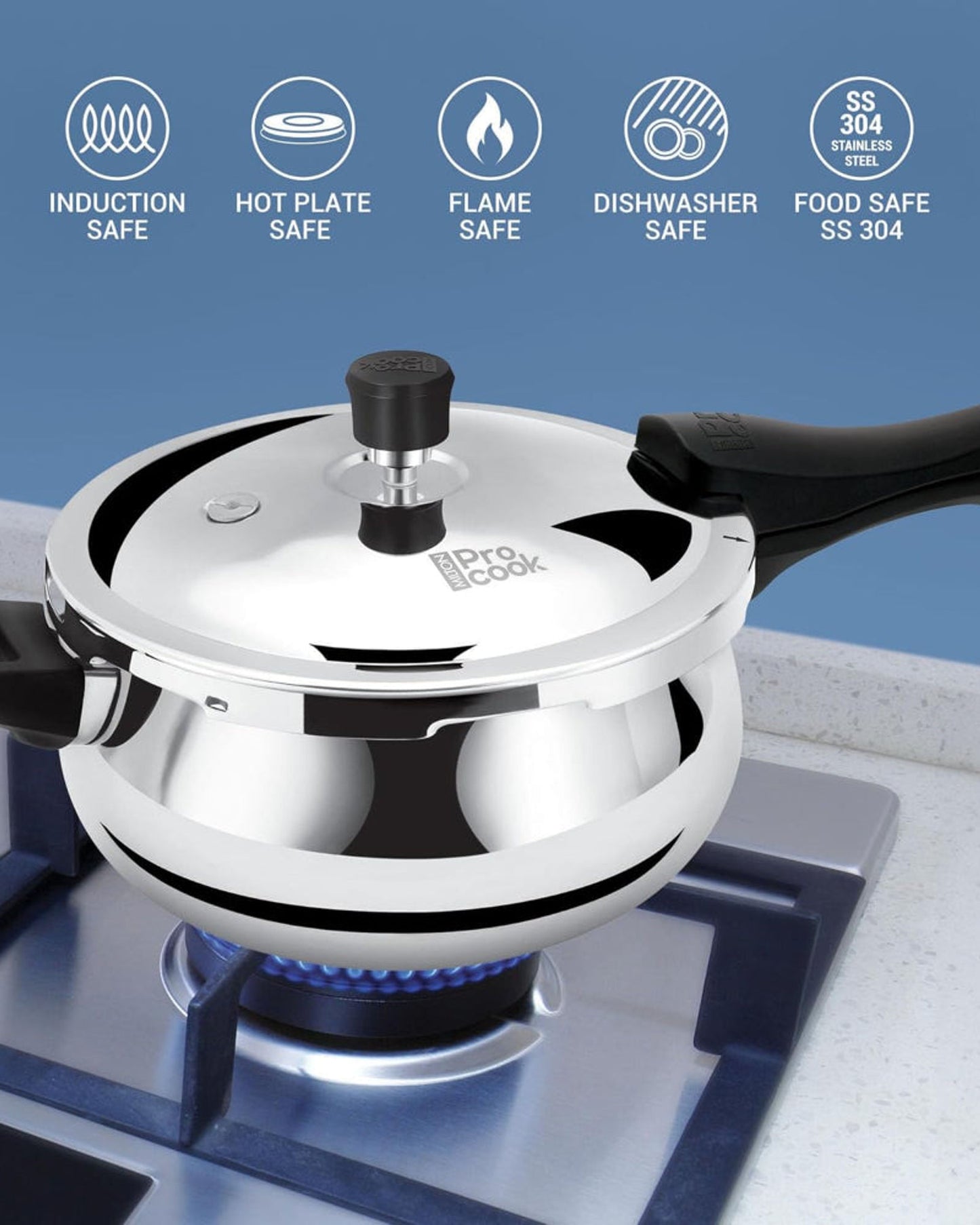 Milton Pro Cook Triply Stainless Steel Induction Curve Pressure Cooker with Outer & Glass Lid, 5.5 Litres, Silver | Gasket Release System Food Safe | Induction | Hot Plate | Flame Safe