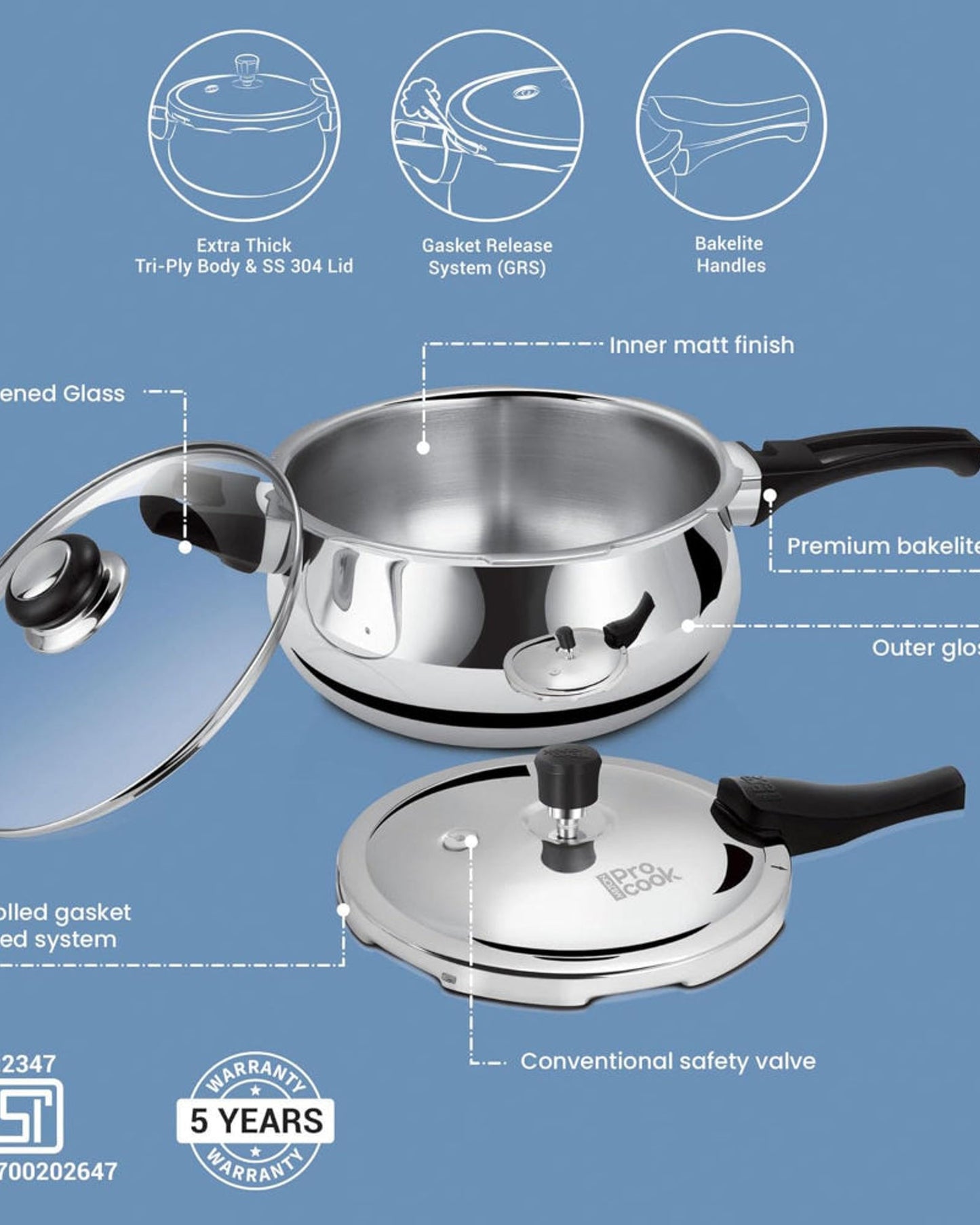 Milton Pro Cook Triply Stainless Steel Induction Curve Pressure Cooker with Outer & Glass Lid, 5.5 Litres, Silver | Gasket Release System Food Safe | Induction | Hot Plate | Flame Safe