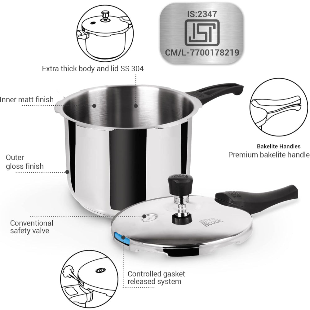 Milton Pro Cook Triply Stainless Steel Pressure Cooker With Outer Lid, 3 litre, Silver | Dishwasher Safe | Food Safe | Induction Safe | Hot Plate Safe | Flame Safe