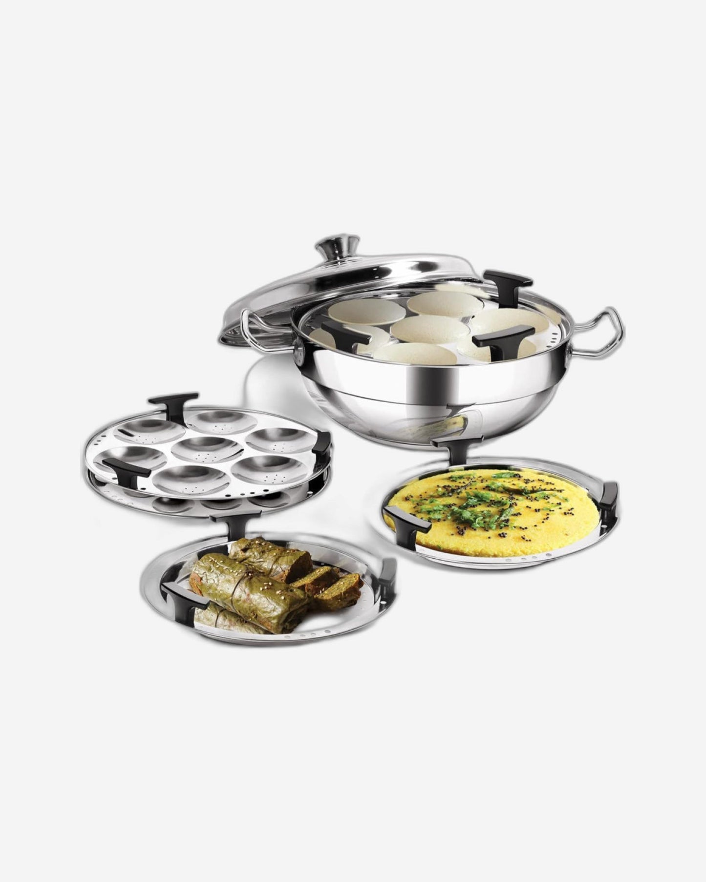 MILTON Pro cook Stainless Steel Multipurpose Kadai with Lid (2 – Regular Idli Plate; 1 - Mini Idli Plate; 1 - Steamer Plate; 2 - Dhokla Plate) All-in-One Multi Pot/Kadhai, Induction & Gas Friendly