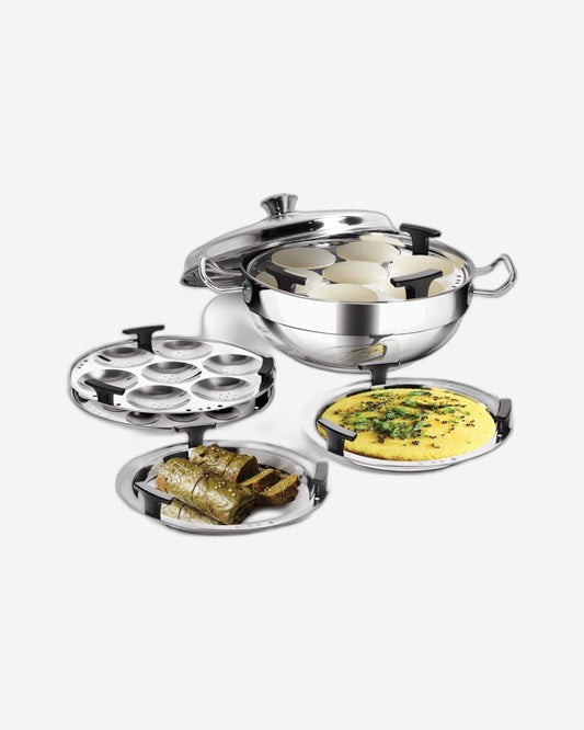 MILTON Pro cook Stainless Steel Multipurpose Kadai with Lid (2 – Regular Idli Plate; 1 - Mini Idli Plate; 1 - Steamer Plate; 2 - Dhokla Plate) All-in-One Multi Pot/Kadhai, Induction & Gas Friendly