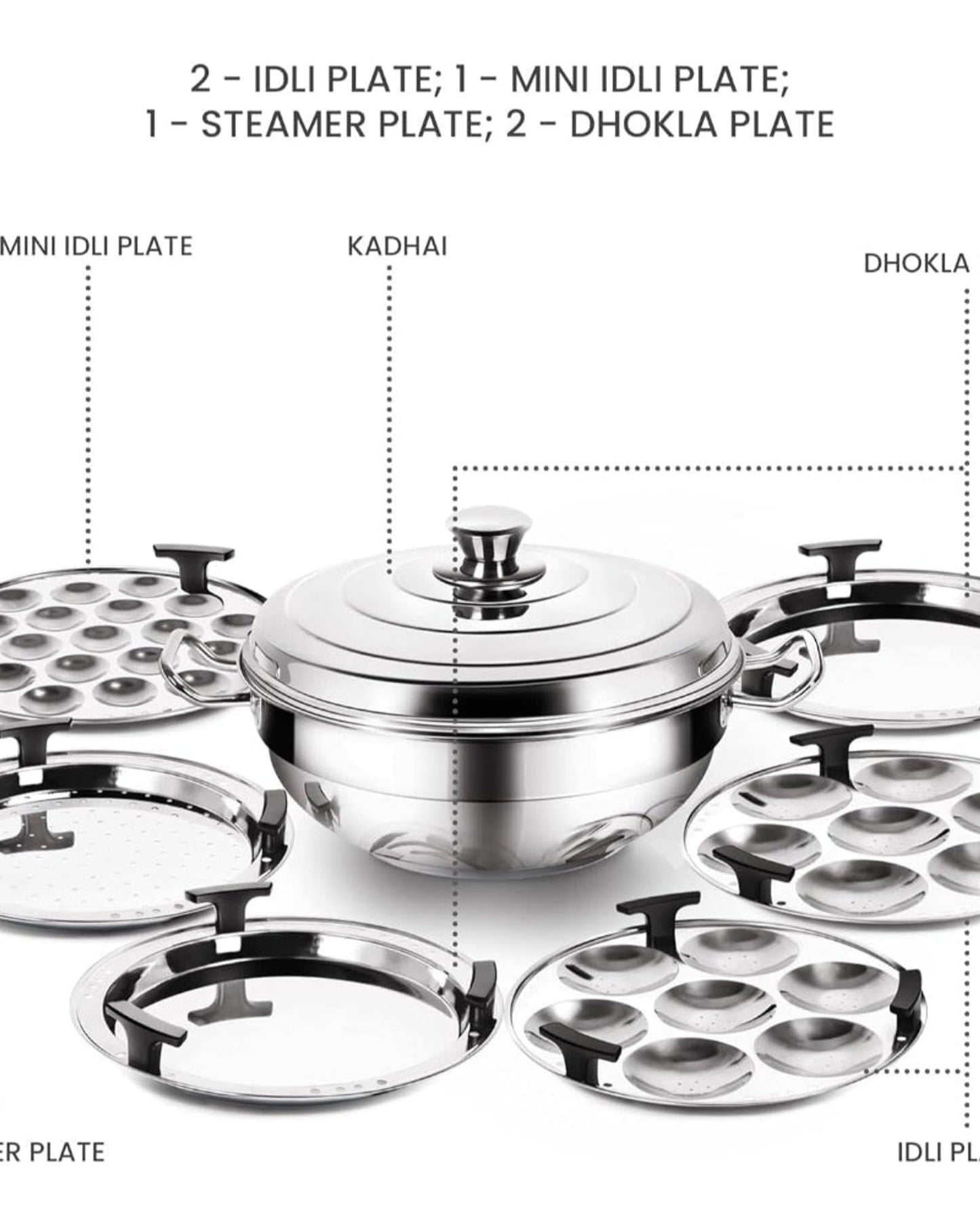 MILTON Pro cook Stainless Steel Multipurpose Kadai with Lid (2 – Regular Idli Plate; 1 - Mini Idli Plate; 1 - Steamer Plate; 2 - Dhokla Plate) All-in-One Multi Pot/Kadhai, Induction & Gas Friendly