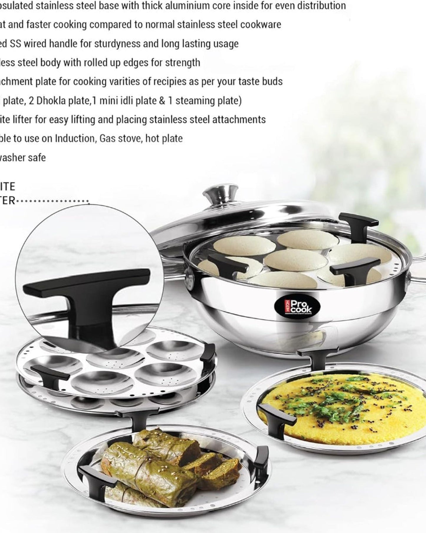 MILTON Pro cook Stainless Steel Multipurpose Kadai with Lid (2 – Regular Idli Plate; 1 - Mini Idli Plate; 1 - Steamer Plate; 2 - Dhokla Plate) All-in-One Multi Pot/Kadhai, Induction & Gas Friendly