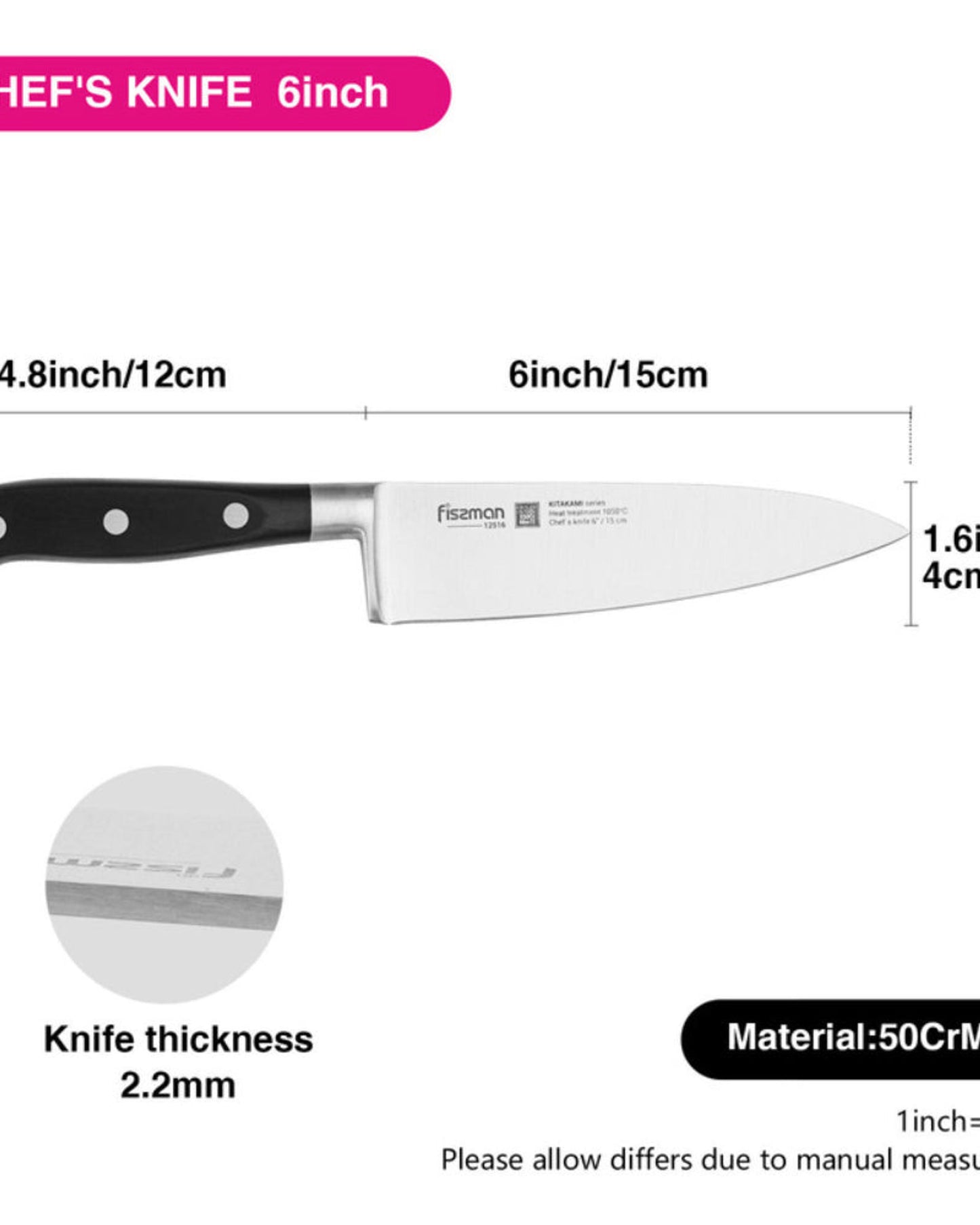 Fissman Kitakami Chefs Knife Silver/Black 6Inch