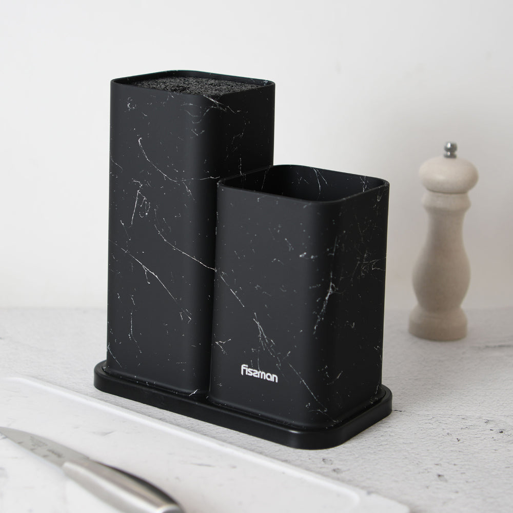 Fissman Kitchen Knife And Utensil Organizer 11x11x23+11x11x17 cm, Black Marble (Plastic)