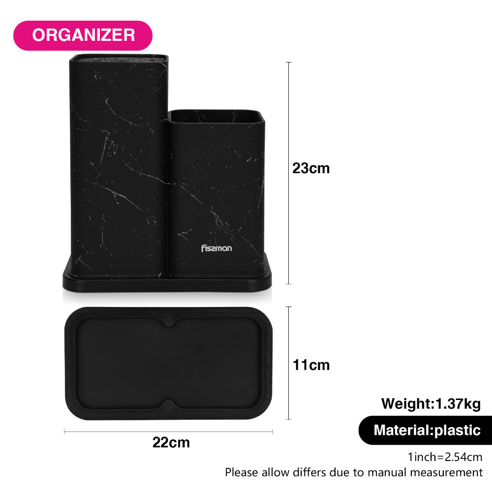 Fissman Kitchen Knife And Utensil Organizer 11x11x23+11x11x17 cm, Black Marble (Plastic)