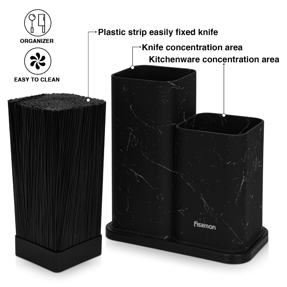 Fissman Kitchen Knife And Utensil Organizer 11x11x23+11x11x17 cm, Black Marble (Plastic)