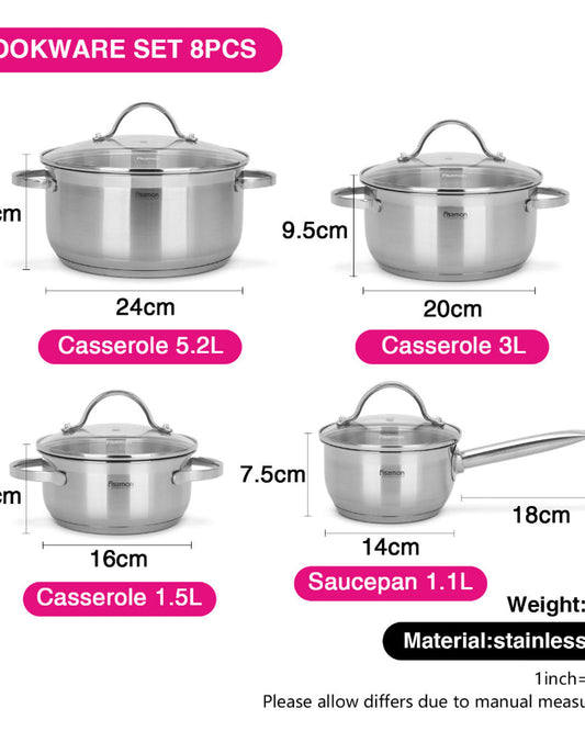Fissman 8pcs Cookware Set Gabriela with Glass Lids Stainless Steel