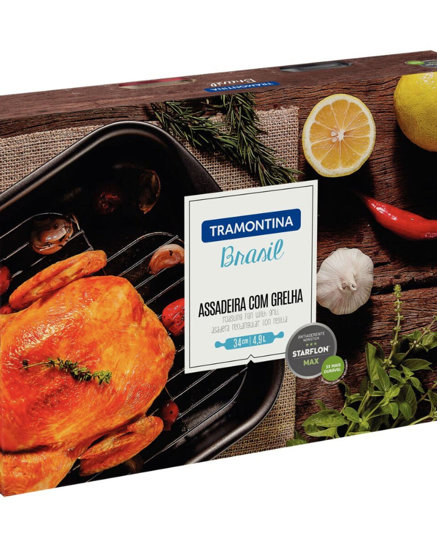 Tramontina Since 1911 Made In Brazil Tramontina Brasil Aluminum Deep Roasting Pan With Grill And Starflon Max Nonstick Interior And Exterior Coating Graphite, 34 Cm, 4,9 L