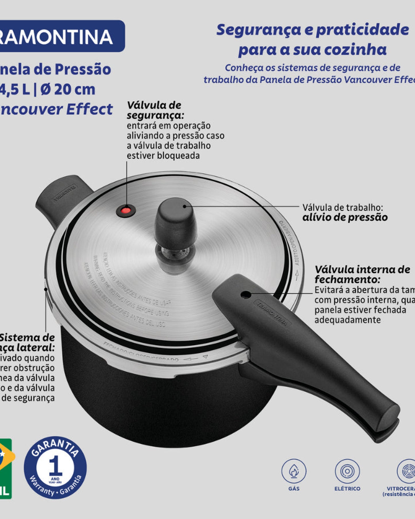 Tramontina Since 1911 Made In Brazil Tramontina Vancouver Effect Black Aluminum Pressure Cooker With Interior And Exterior Starflon Max Nonstick Coating, 20 Cm, 4.5 L