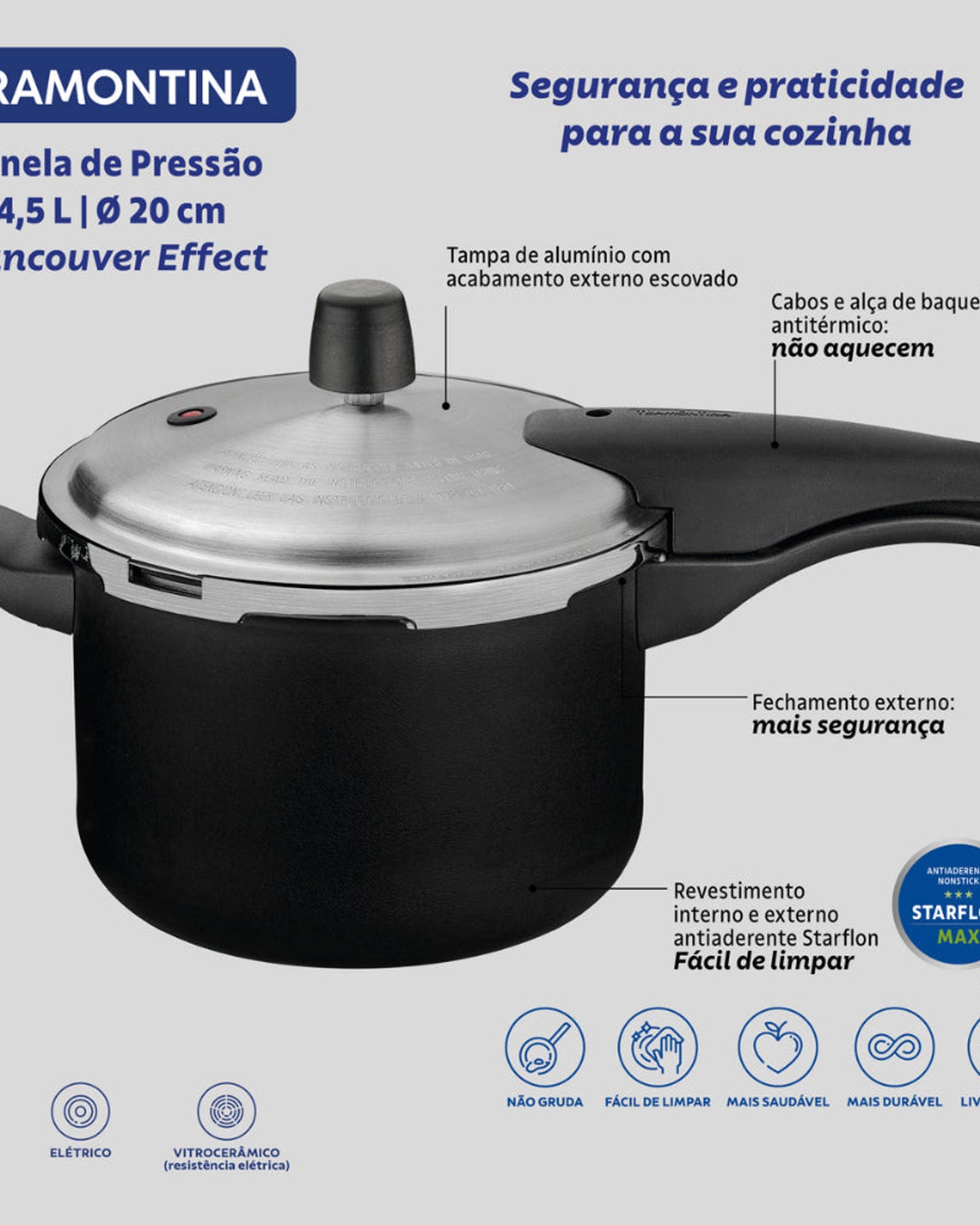 Tramontina Since 1911 Made In Brazil Tramontina Vancouver Effect Black Aluminum Pressure Cooker With Interior And Exterior Starflon Max Nonstick Coating, 20 Cm, 4.5 L
